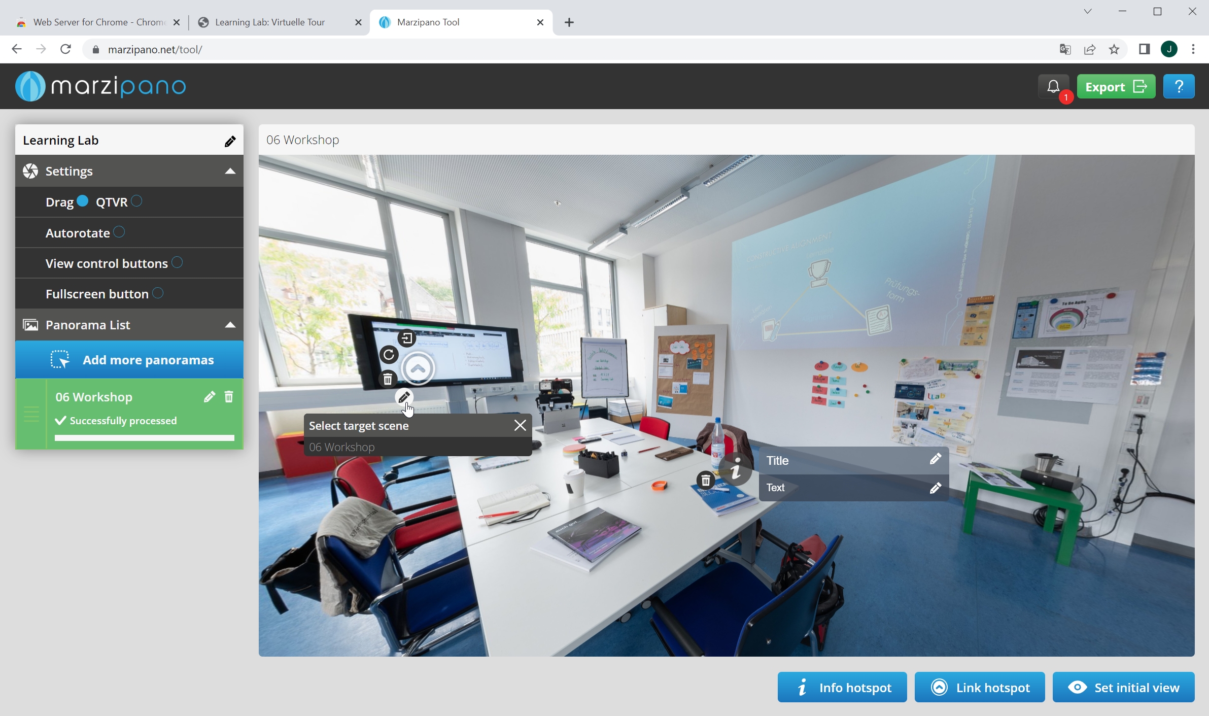 Screenshot des Tools Marzipano im Browser. 360° Panoramen können dort zu einer Tour zusammengefügt werden und mit Hotspots versehen werden.
