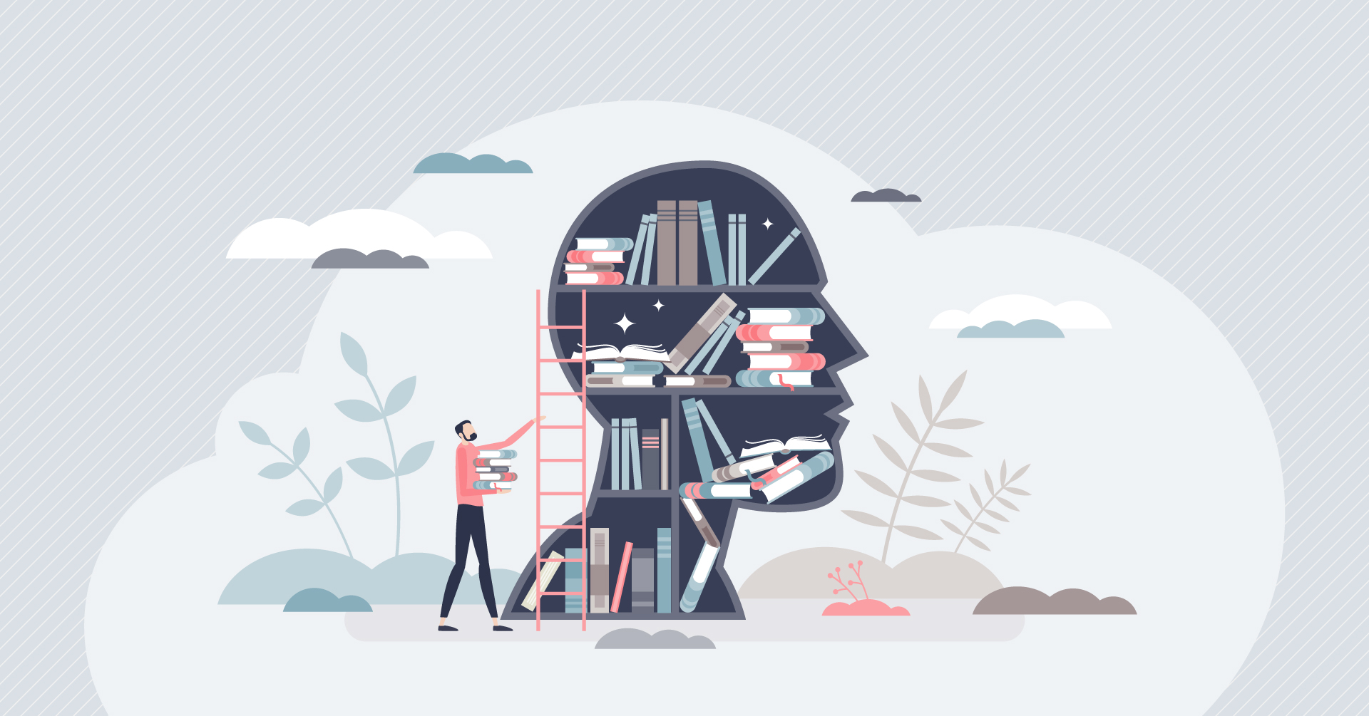 2D Grafik mit Kopfsilhouette als Bücherregal