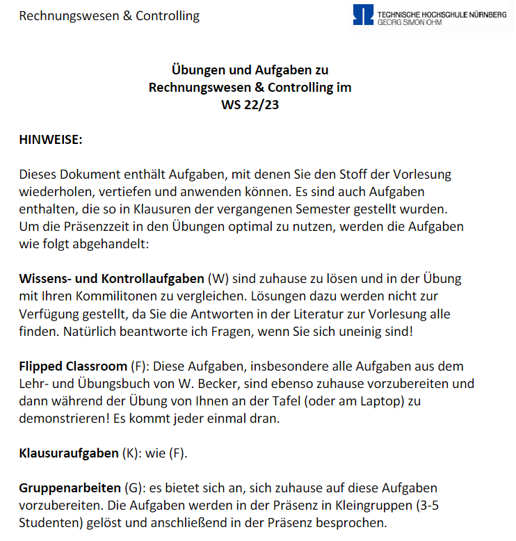 Ausschnitt Skript zur Übung und Aufgabe im Modul Rechnungswesen und Controlling