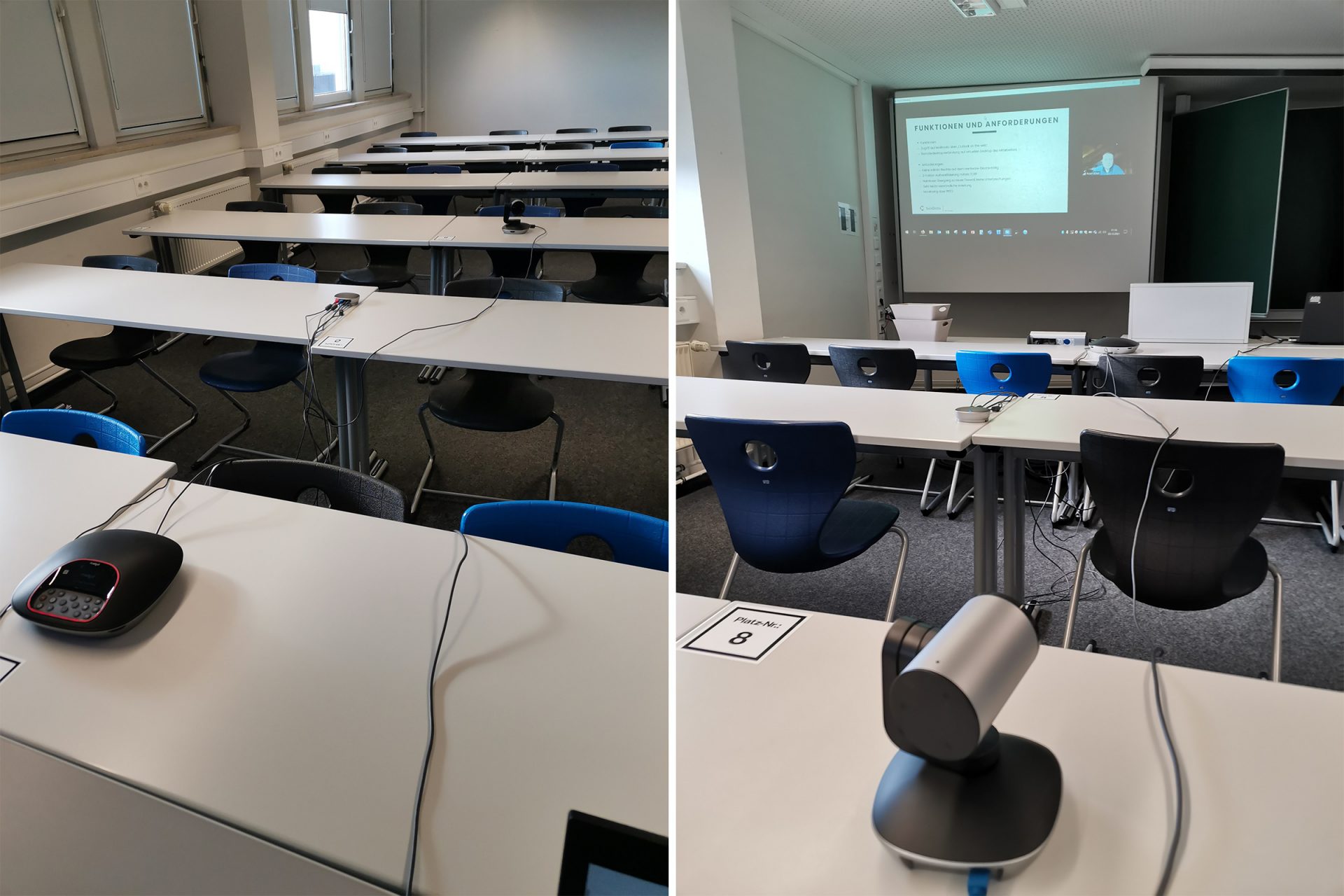 Fotos aus dem Seminarraum mit der hybriden Ausstattung von Logitech