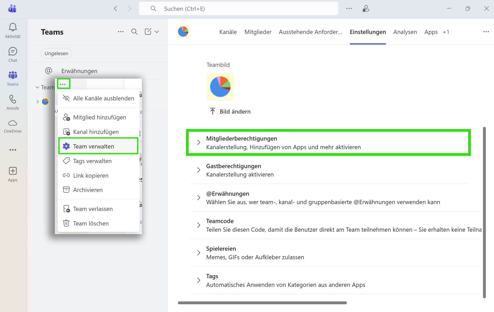 Screenshot zum Menü Team verwalten