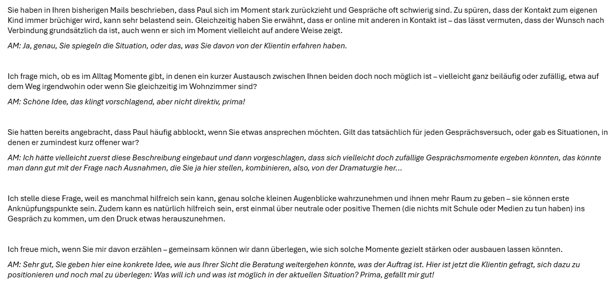 Abb. 2: Feedback-Mail an eine Studierende mit Textabschnitten aus der Online-Beratung. Die Feedbacks (“AM”) sind eindeutig den einzelnen Textpassagen aus der Online-Beratung zugeordnet.