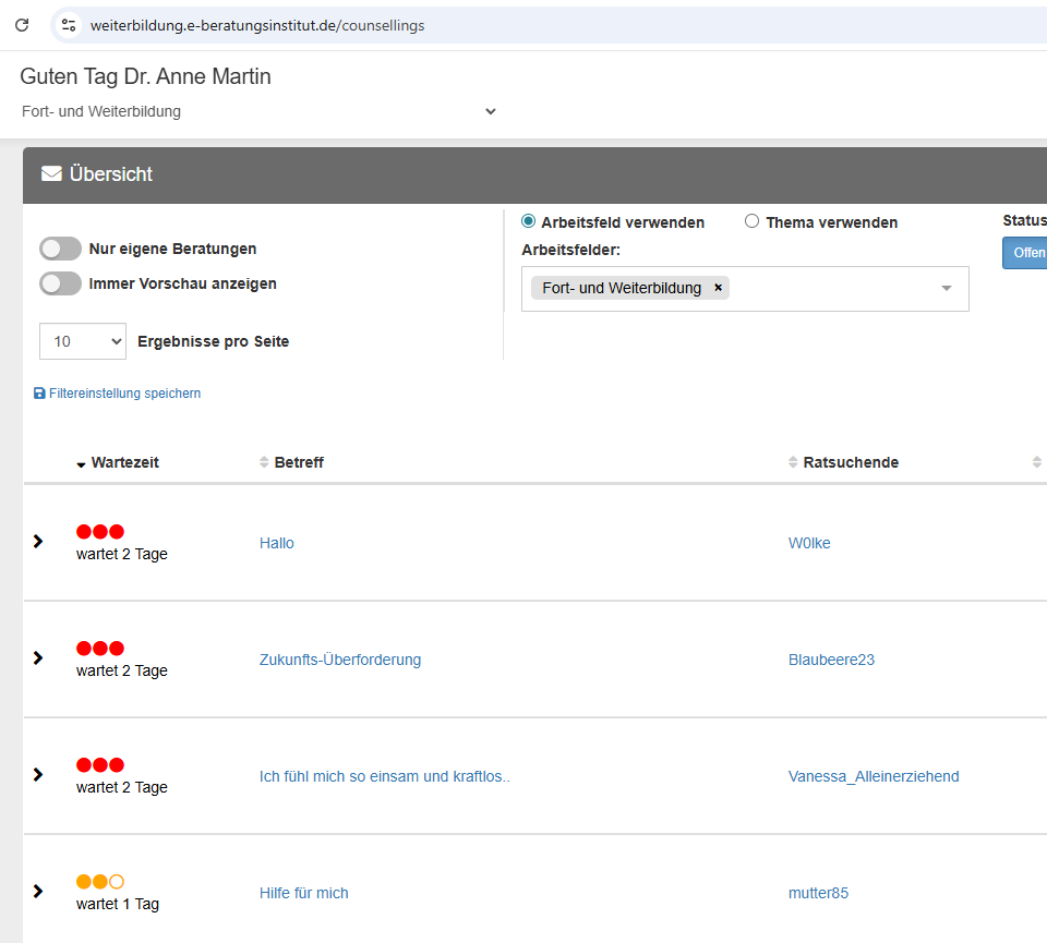 Liste von Mail-Anfragen in der EBS-Plattform