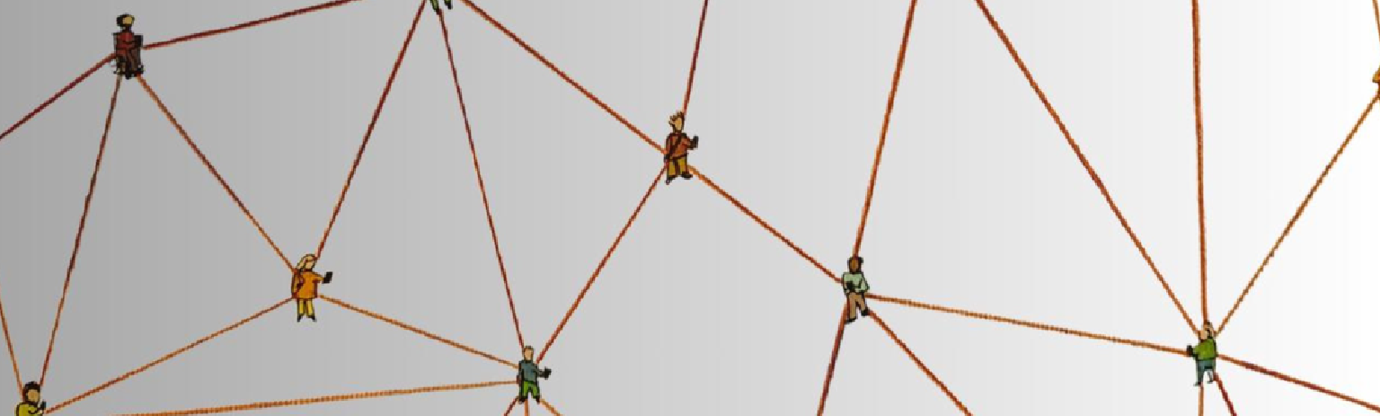 Jamillah Knowles - Several small cartoon representations of people are linked by brown handdrawn lines representing a network.