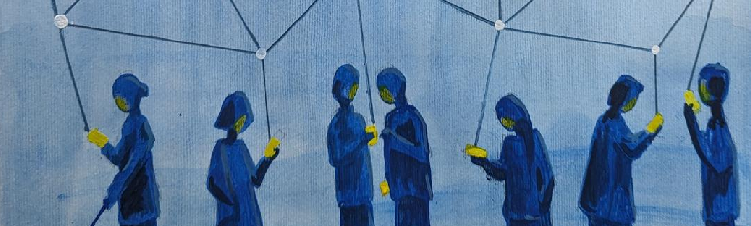 Jamillah Knowles - Seven people and a dog are illustrated in watercolour standing against a light blue background, in a variety of poses but all intently looking at their mobile phones. They are coloured in blue with yellow detail, and cast blue shadows. Their phones are all connected via a web like network in the air, showing various connection points. The image is portrait shape and allows space for text in the top left hand corner.