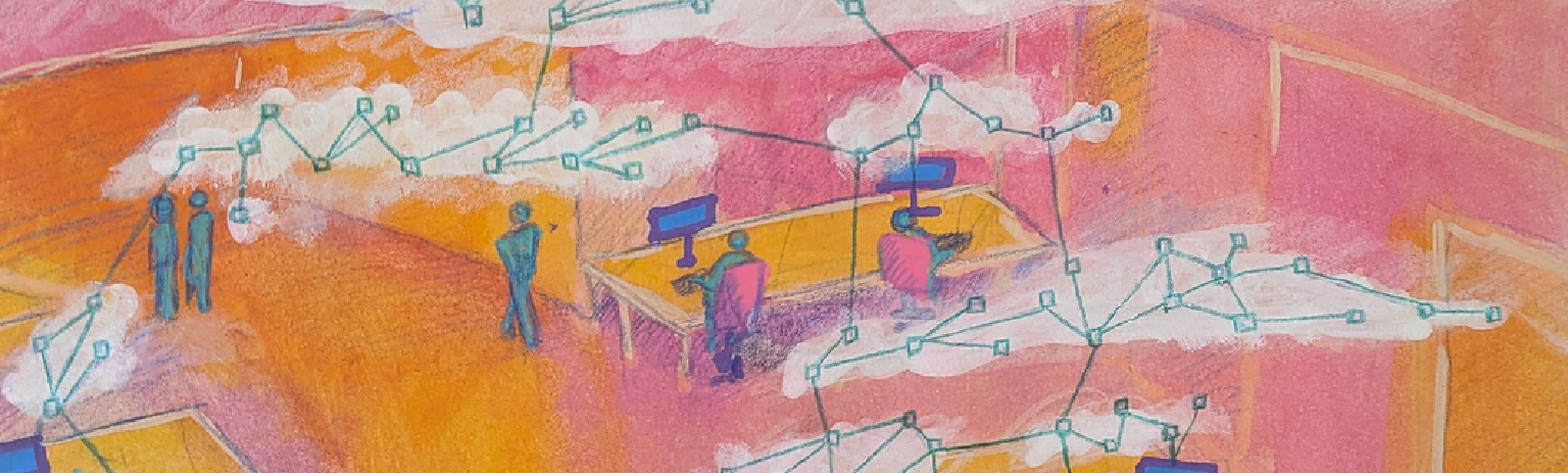 Jamillah Knowles - A brightly coloured office populated with all kinds of people working at connected desks. There are computer screens and networks in the air in clouds. The image shows the connectivity of a digitally transformed workplace. It was drawn and painted using guache and pencil.