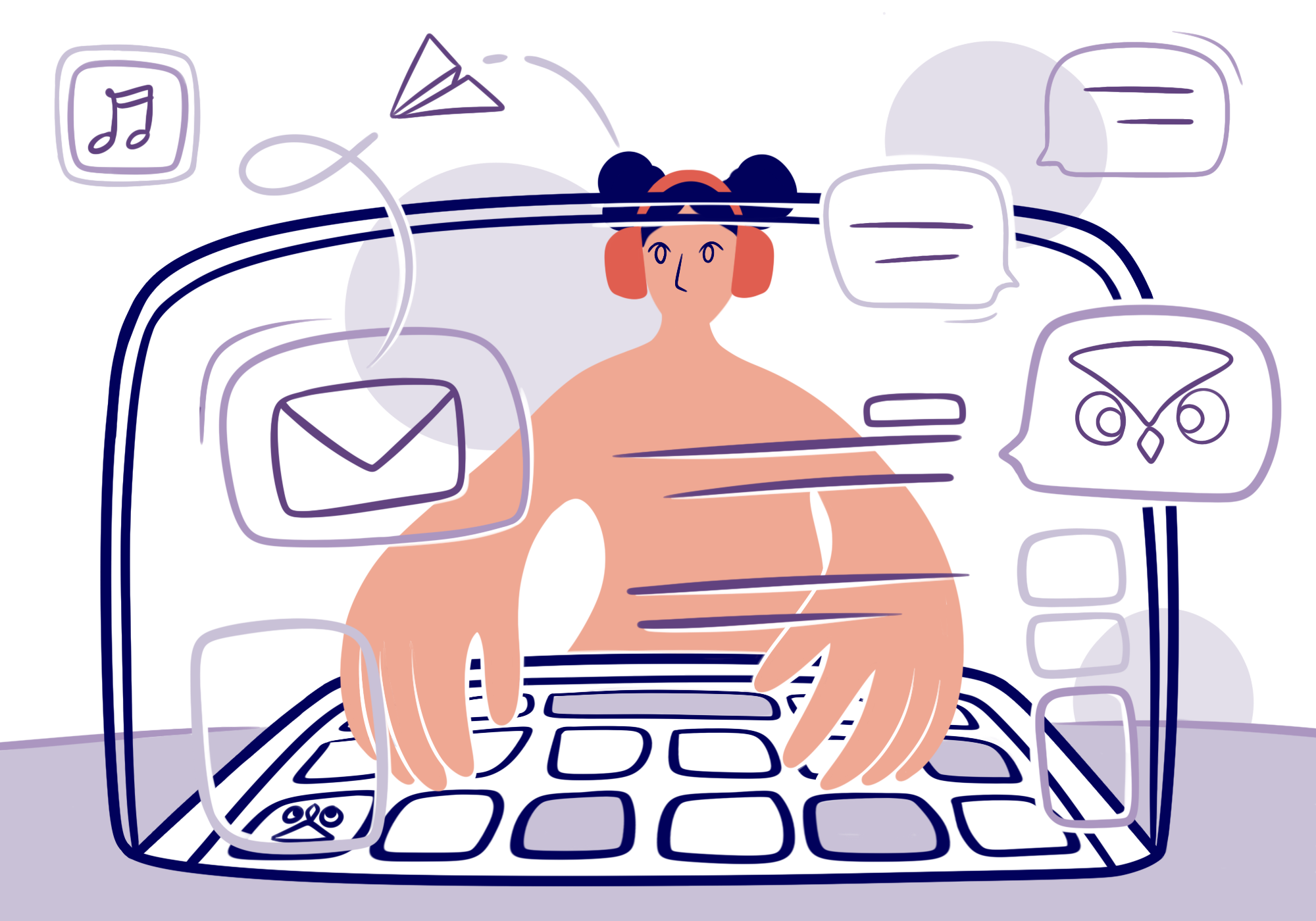 Illustration: Eine Person nutzt das Online Writing Lab, sitzt vor dem Laptop und arbeitet an einer wissenschaftlichen Arbeit.