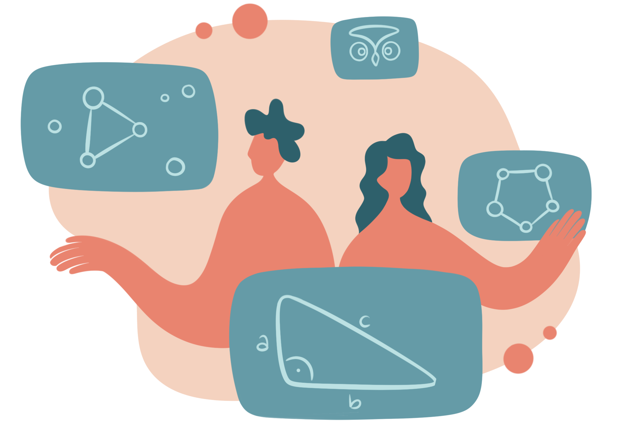 Illustration: Zwei Personen der Fakultät AC nutzen das Online Writing Lab und arbeiten an ihrer wissenschaftlichen Arbeit.