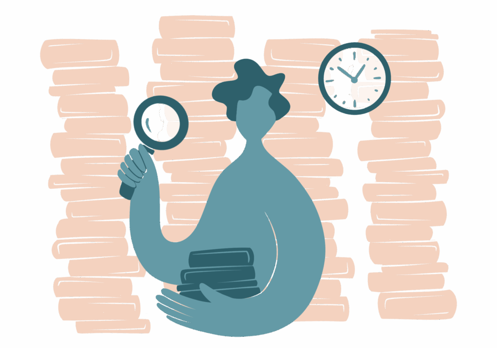 Illustration: Eine Person sucht nach Literatur in der Bibliothek