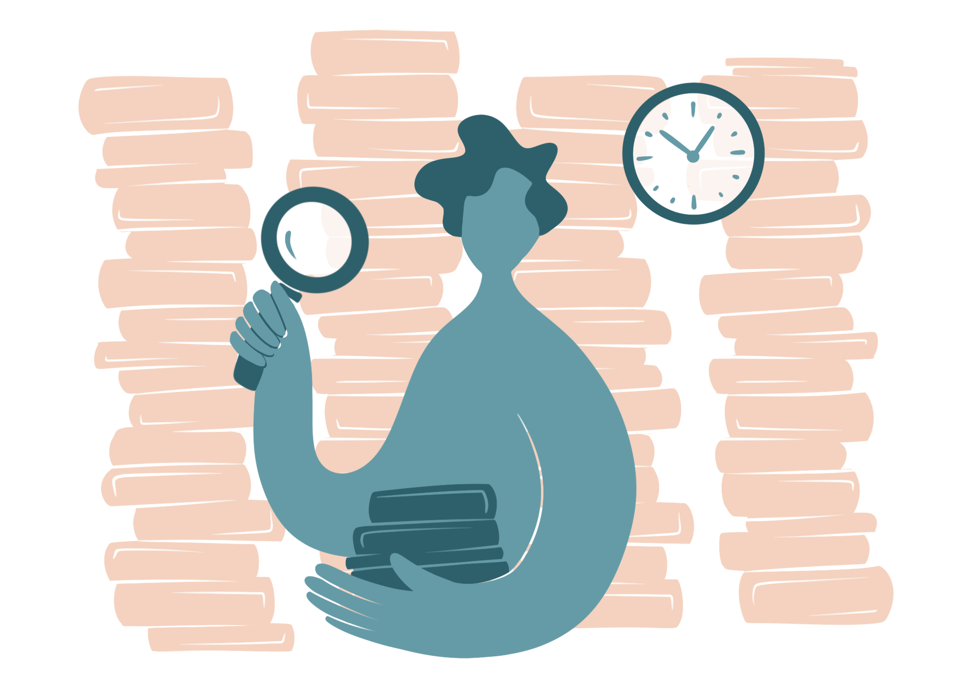 Illustration: Eine Person sucht nach Literatur in der Bibliothek