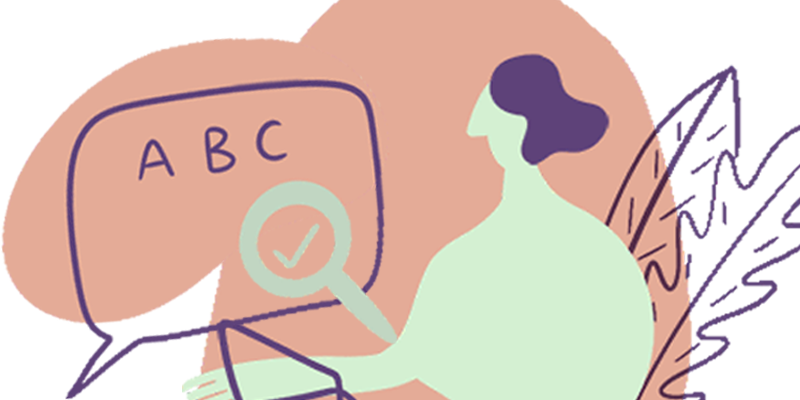 Dreiteilige Illustration: 1. Handy mit einem Text-Blatt, 2. Lupe über ABC-Text in Sprechblase, 3. Person vor Laptop mit Zimmerpflanzen im Hintergrund.