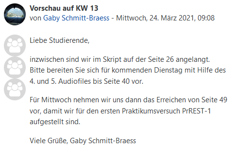 Beispiel einer Ankündigung für die wöchentliche Vorbereitung