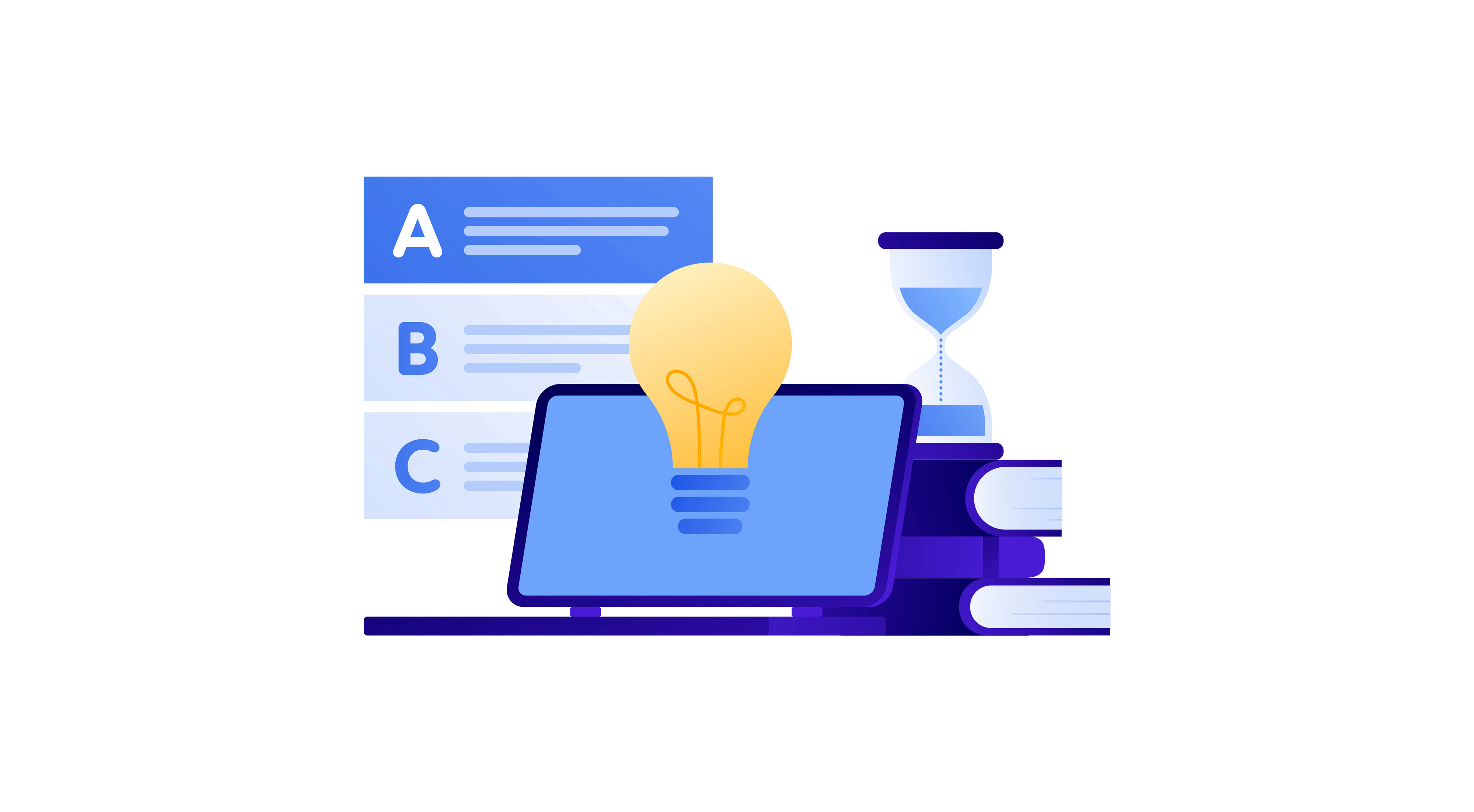 Grafik mit Glühbirne vor dem Laptop und A, B und C Antwortmöglichkeiten