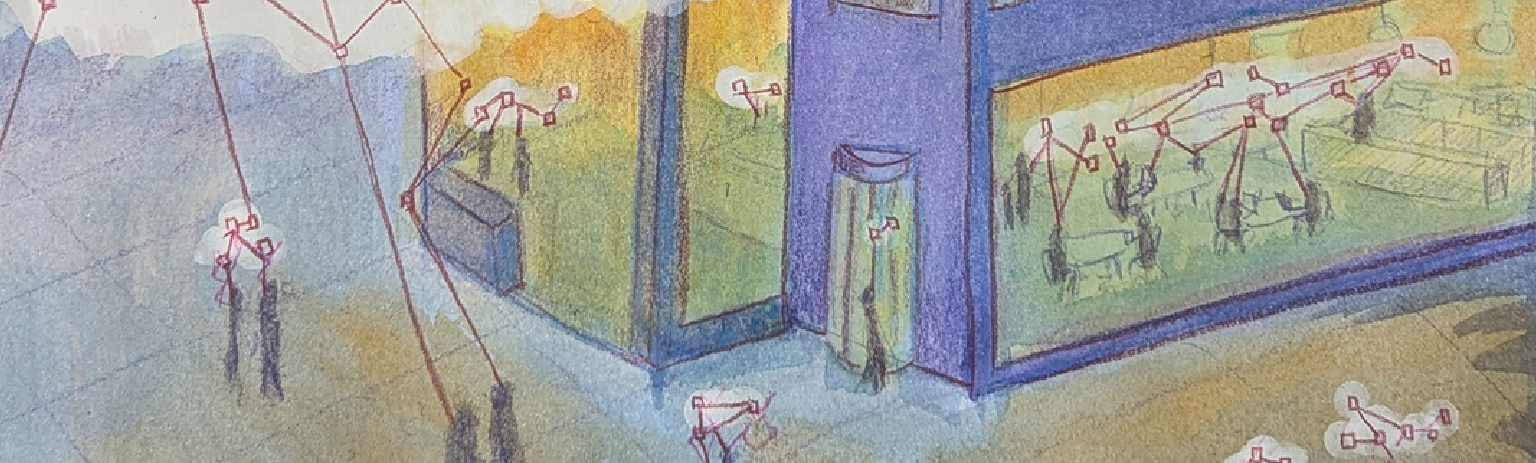 Jamillah Knowles - The image is of the exterior of an impression of a building. People and figures can be seen inside and outside of the building. There are clouds of network connections all around the building and inside. It relates to the digital networked workplace.