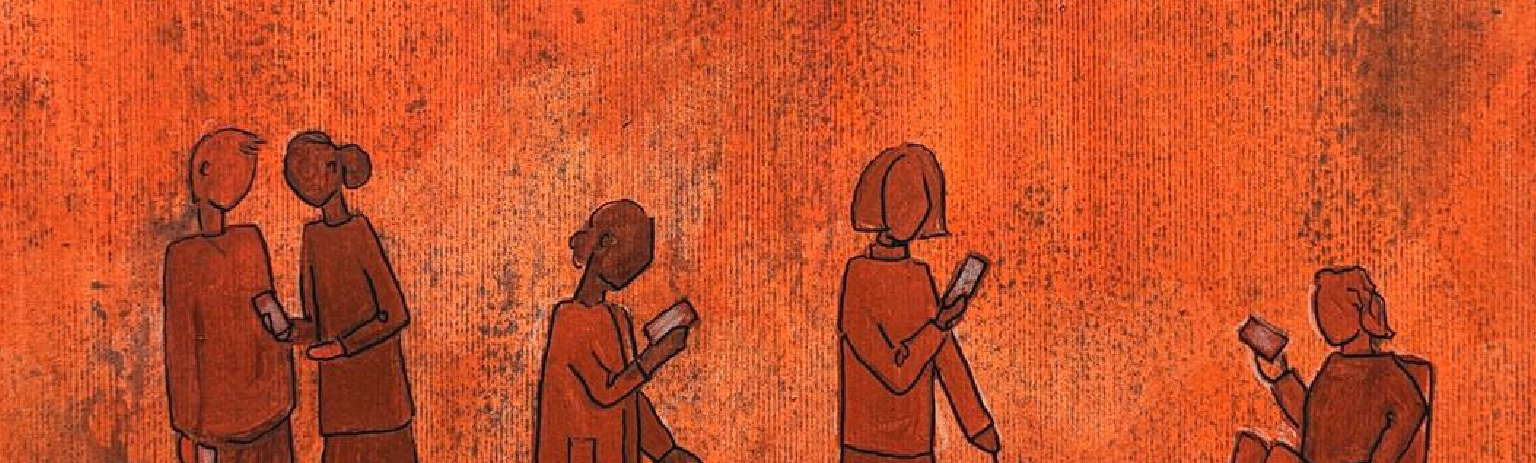 Jamillah Knowles - Five people and a dog are seen outlined in orange, against an orange background. Two of the people talk to each other, one stands along with a stick, one walks a dog, and the other is in a wheelchair. All of them look at their mobile phones intently, and all cast shadows on the ground. The shadows are made up of network diagrams, being representative, rather than literal shadows.